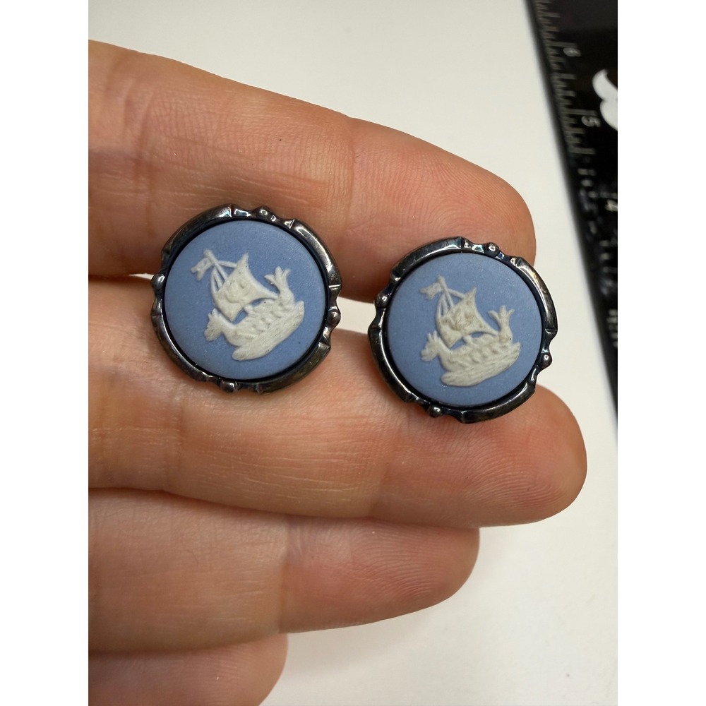 Wedgwood Jasperware Sterling Silver Blue Sailing Ship Cufflinks Nautical Round